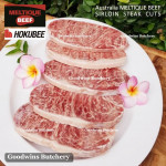 Beef Sirloin Striploin Porterhouse Has Luar Australia frozen MELTIQUE (wagyu alike) Australia HOKUBEE steak schnitzel 3/8" 1cm (price/pack 4-5pcs 600g)